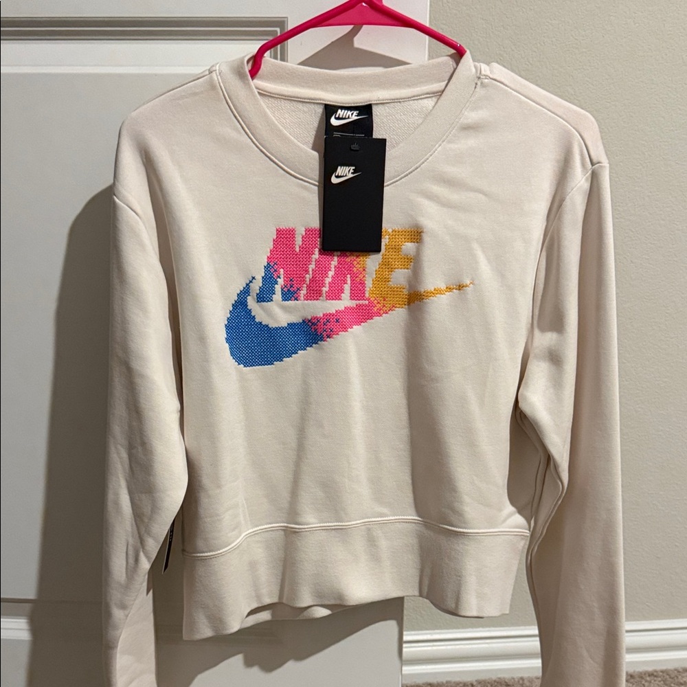 Nike Women's Cream Sweatshirt with Multicolor Logo